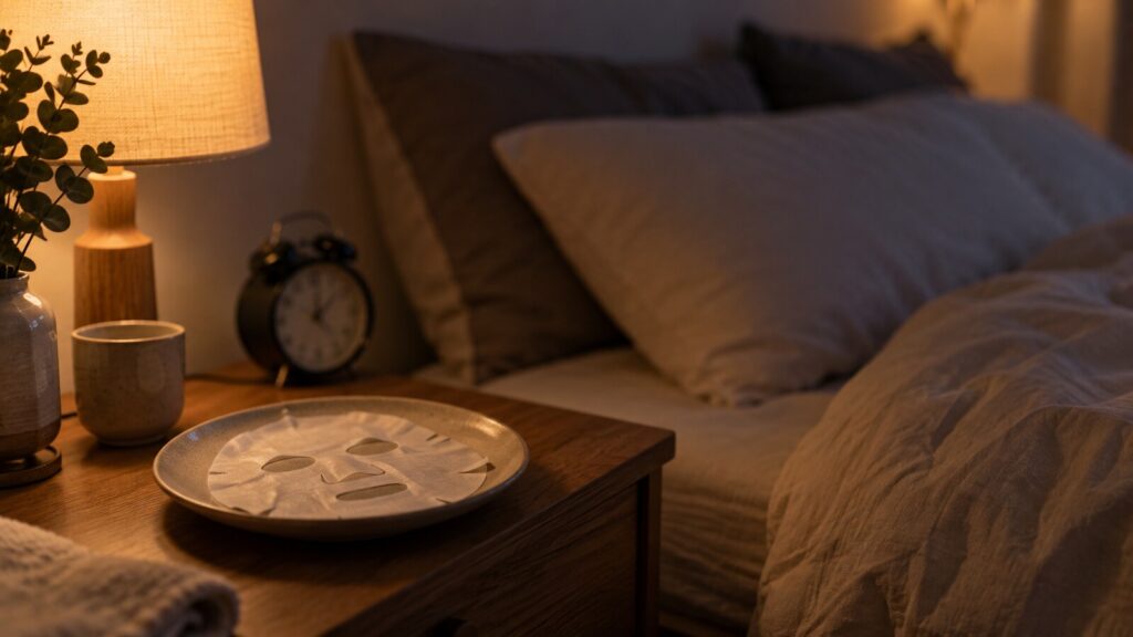 Chambre calme le soir avec un masque feuille uni posé sur une assiette à côté d’un réveil analogique flou.