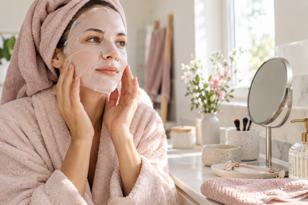 Femme adulte ajustant un masque hydrogel transparent devant le miroir d’une salle de bains lumineuse