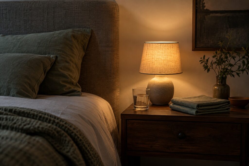 Table de chevet le soir, lampe allumée, verre d’eau et linge plié, sans visage ni flacon