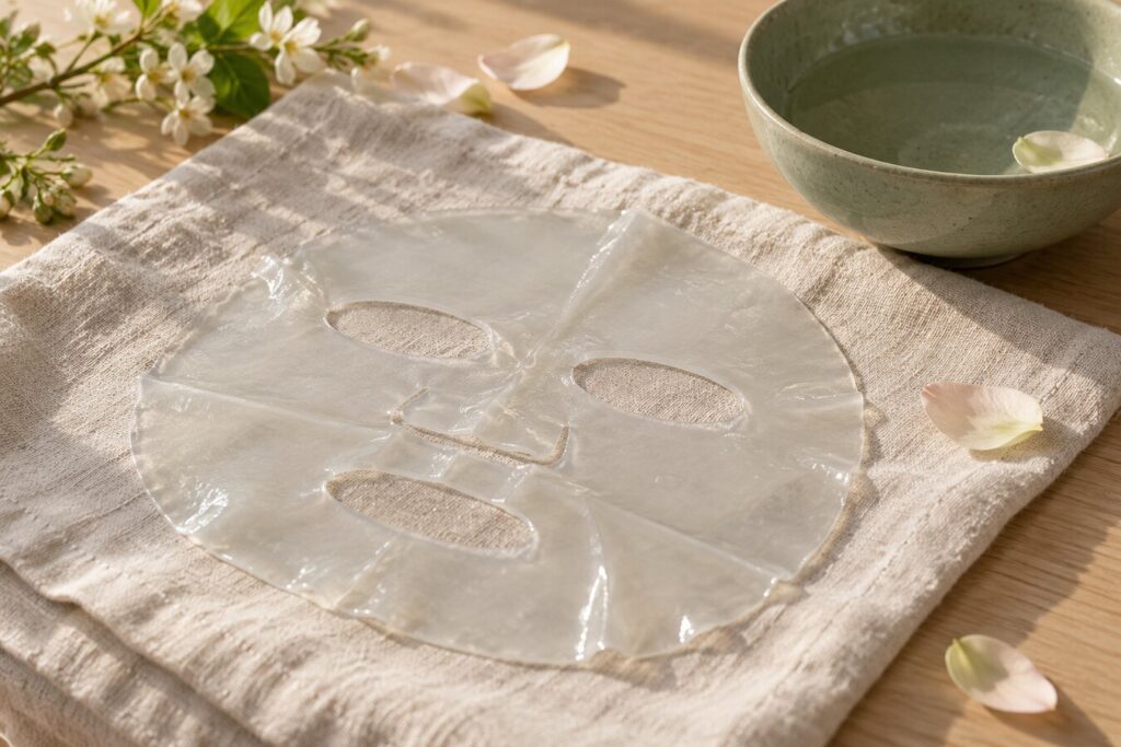 Maschera in idrogel traslucida appoggiata su un tessuto di lino, accanto a una ciotola in ceramica verde.