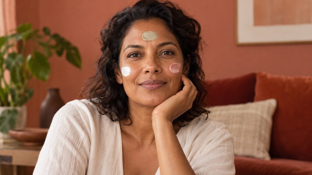 Femme à la peau brune vue de face dans un salon aux couleurs terre cuite, avec deux textures distinctes déposées sur les joues et au centre du front.