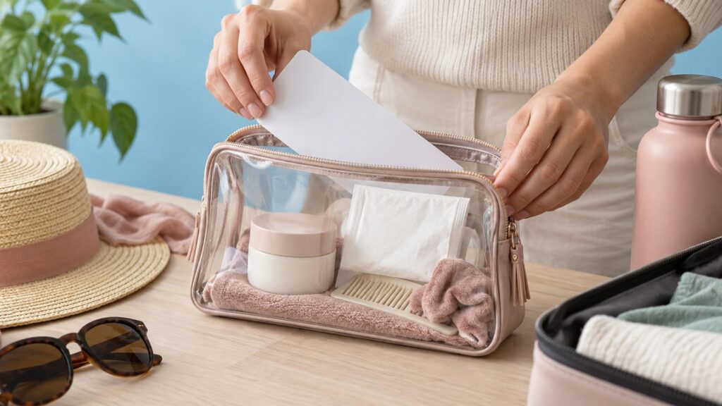 Trousse de toilette transparente ouverte sur une table, contenant un petit pot fermé, des mouchoirs et un billet vierge, sur fond bleu doux.