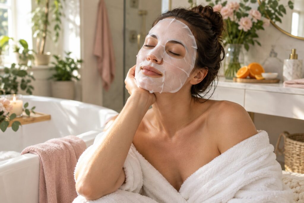 Une femme porte un masque en tissu blanc dans une salle de bains lumineuse.
