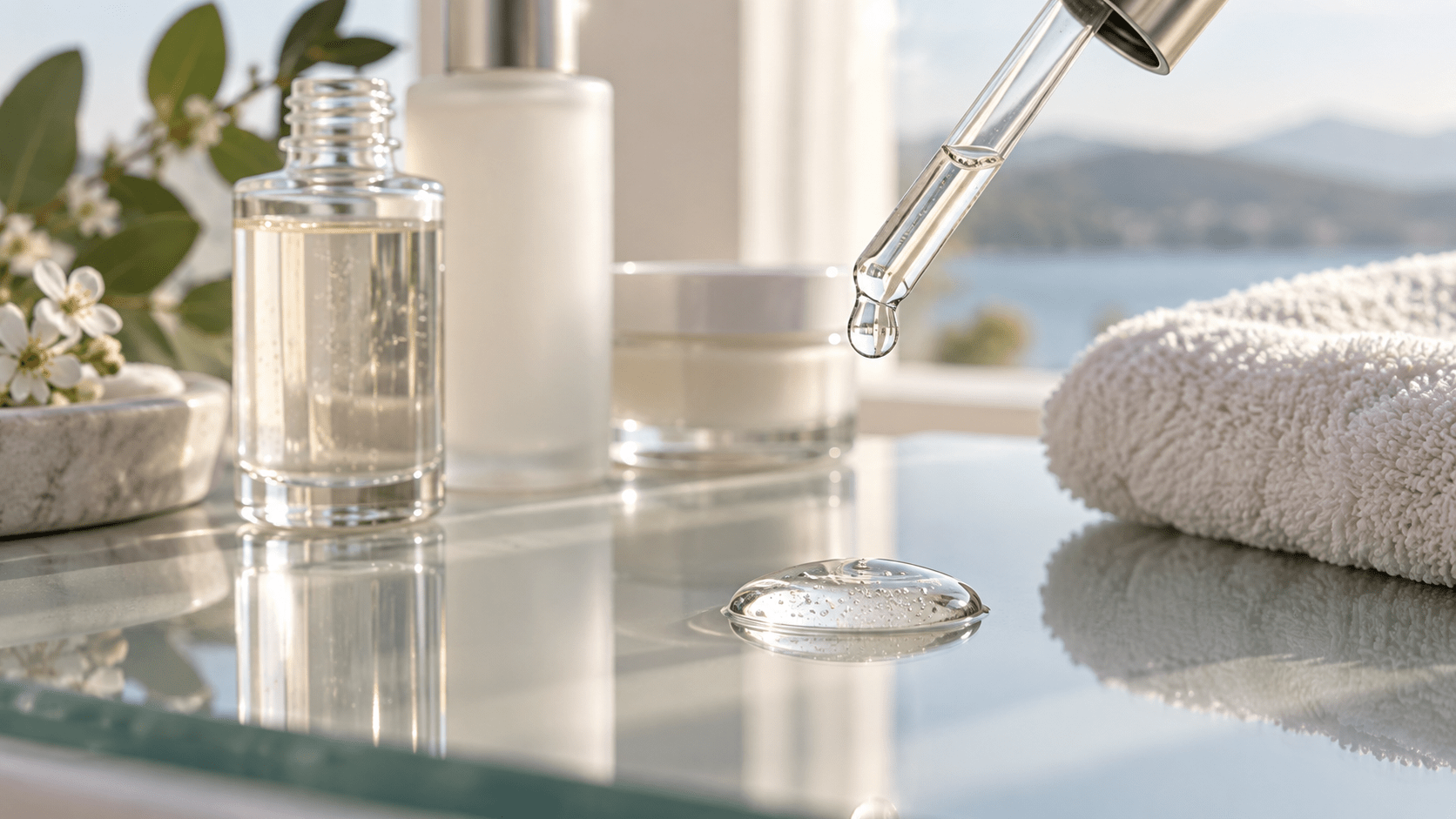 Produits et gestes de soin du visage liés à acide hyaluronique et hydratation du visage