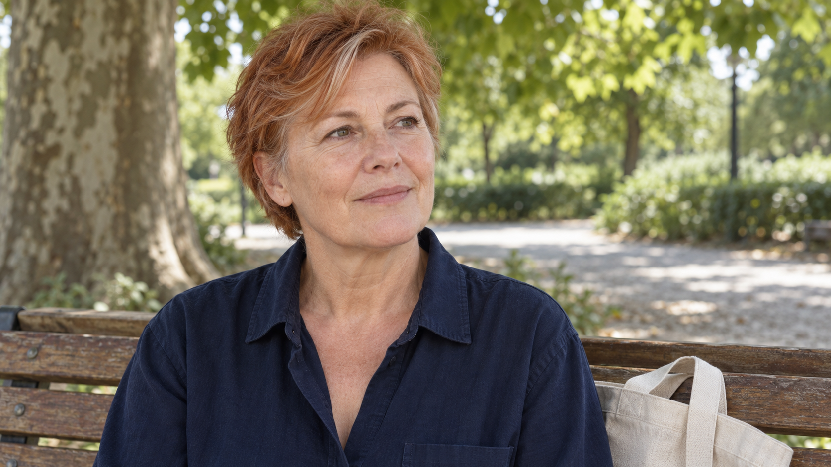 Une femme d'une soixantaine d'années est assise sur un banc en bois, dans un parc. On la voit de la tête au haut du buste. Elle a la peau claire et les cheveux courts, cuivrés, avec quelques mèches grises. Elle porte une chemise bleu marine et regarde un peu de côté, la bouche fermée. Ses mains ne sont pas dans l'image. À droite de la photo, à sa gauche, un cabas de toile écrue sans inscription est posé sur le banc. Derrière elle, le tronc d'un platane, un chemin de gravier et des feuilles vertes.