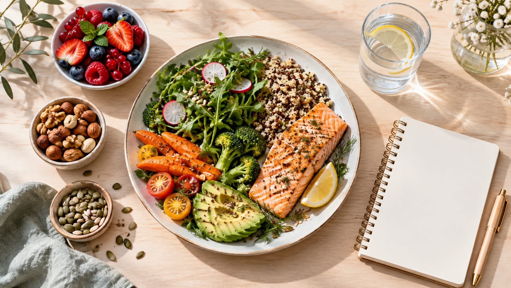 Bunter Teller mit Gemüse, Beeren, Nüssen und Fisch für eine ausgewogene Ernährung