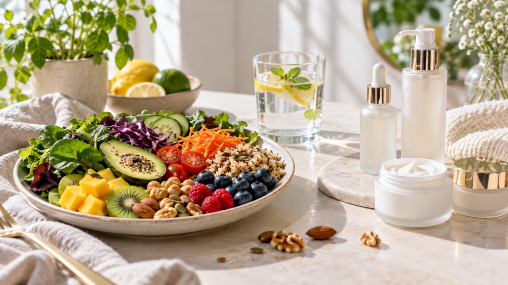 Prato de legumes, fruta e frutos secos junto a cosméticos sobre alimentação e pele