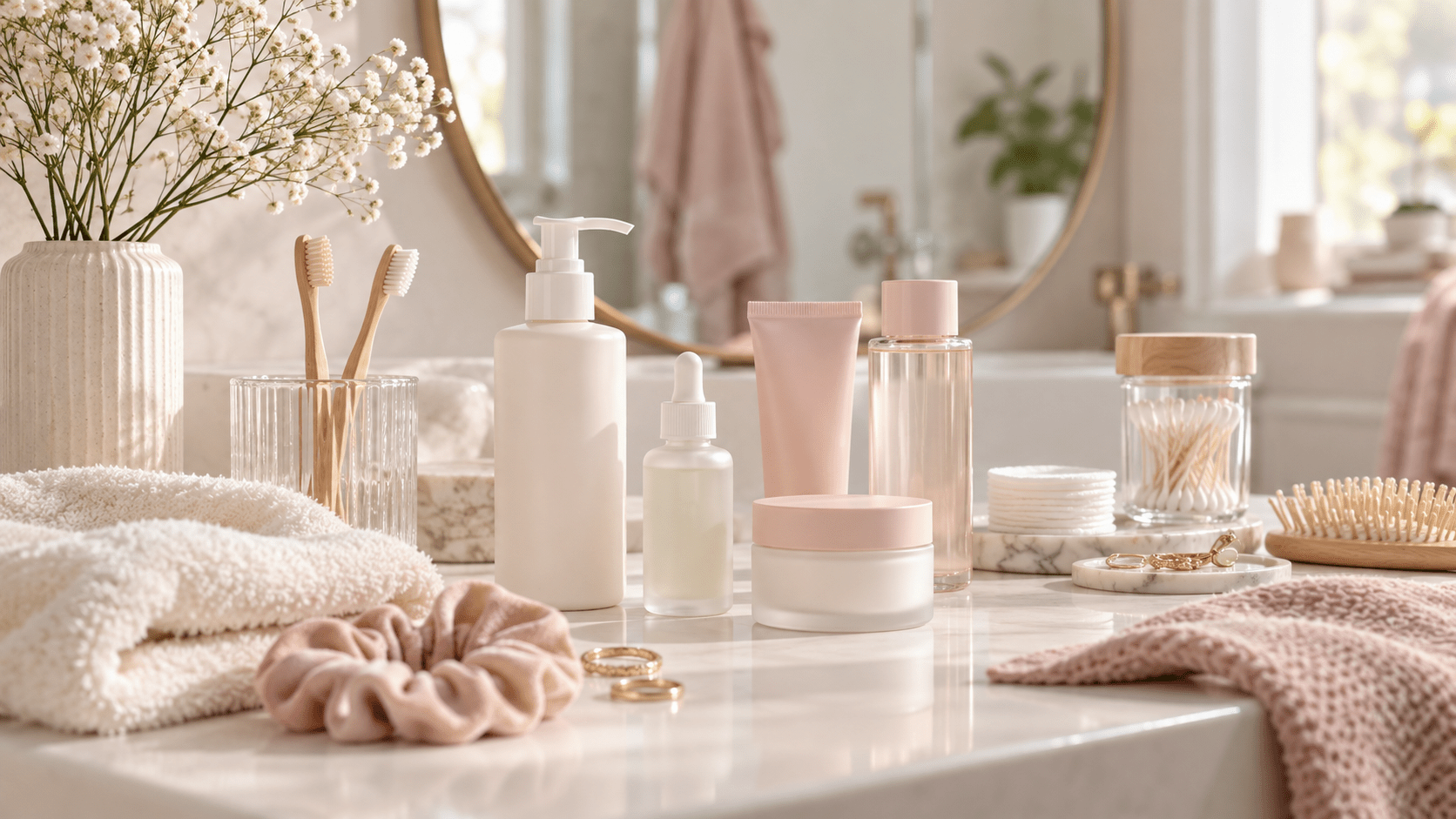 Table de salle de bain avec soins génériques et éléments du quotidien liés aux causes de l'acné