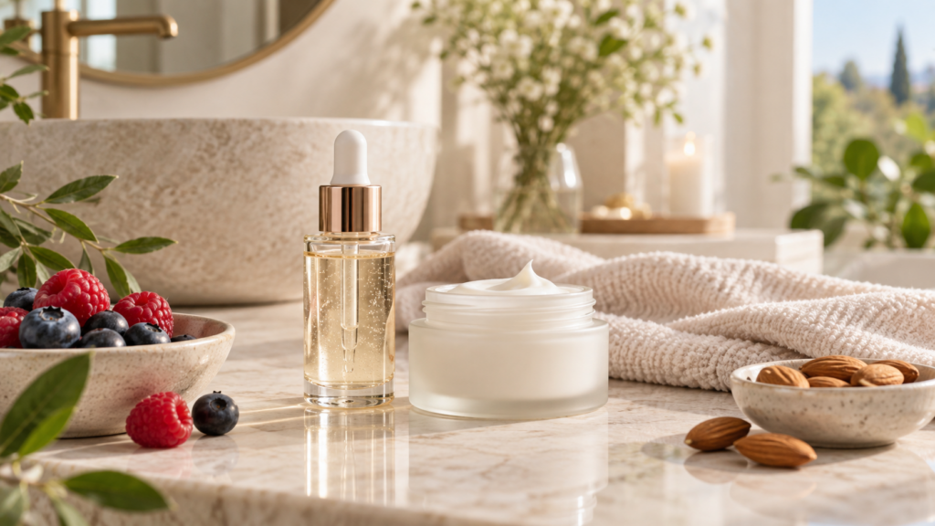 Flacons de soin et aliments évoquant les conseils autour du collagène pour le visage