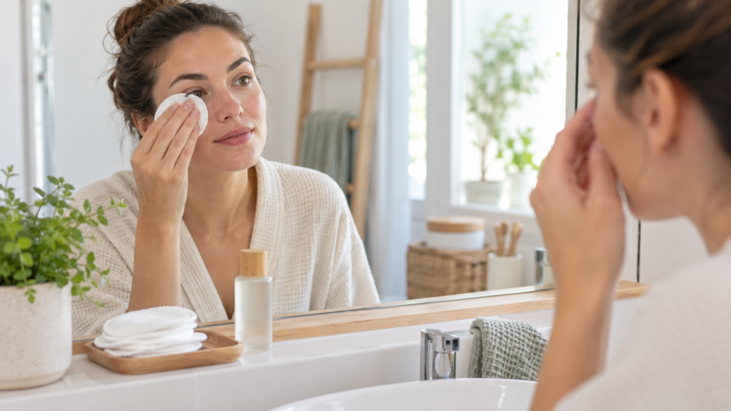 Personne réalisant un démaquillage doux devant un miroir avec un coton réutilisable