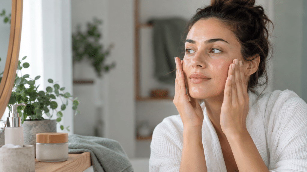 Adult person with natural skin in a bright skincare scene