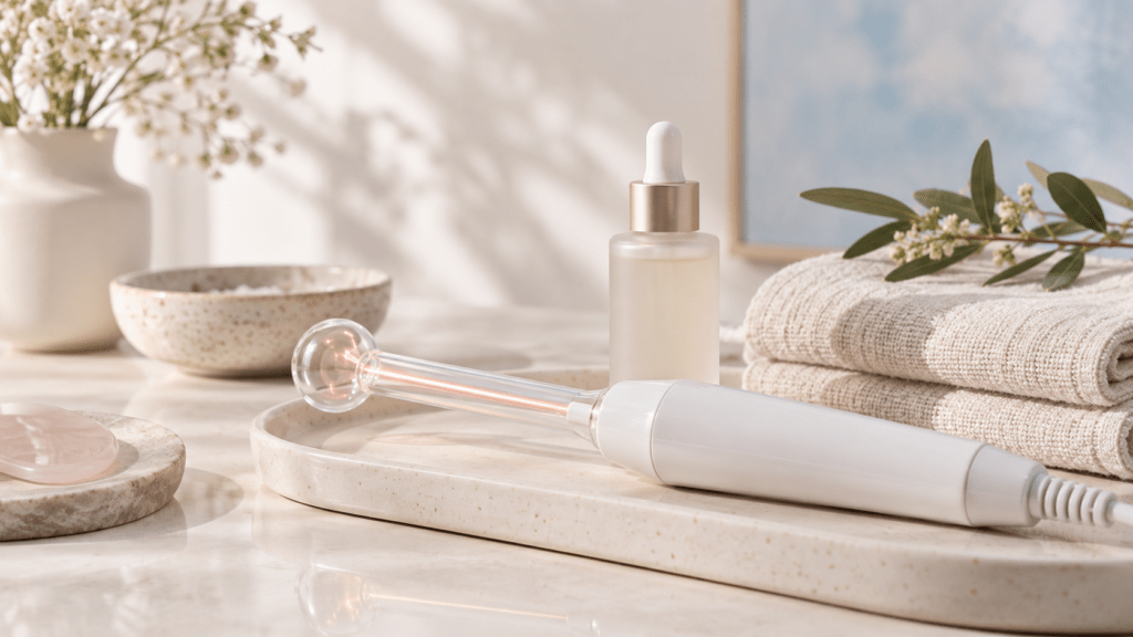 Unbranded facial care wand, serum and towel in a bright beauty studio
