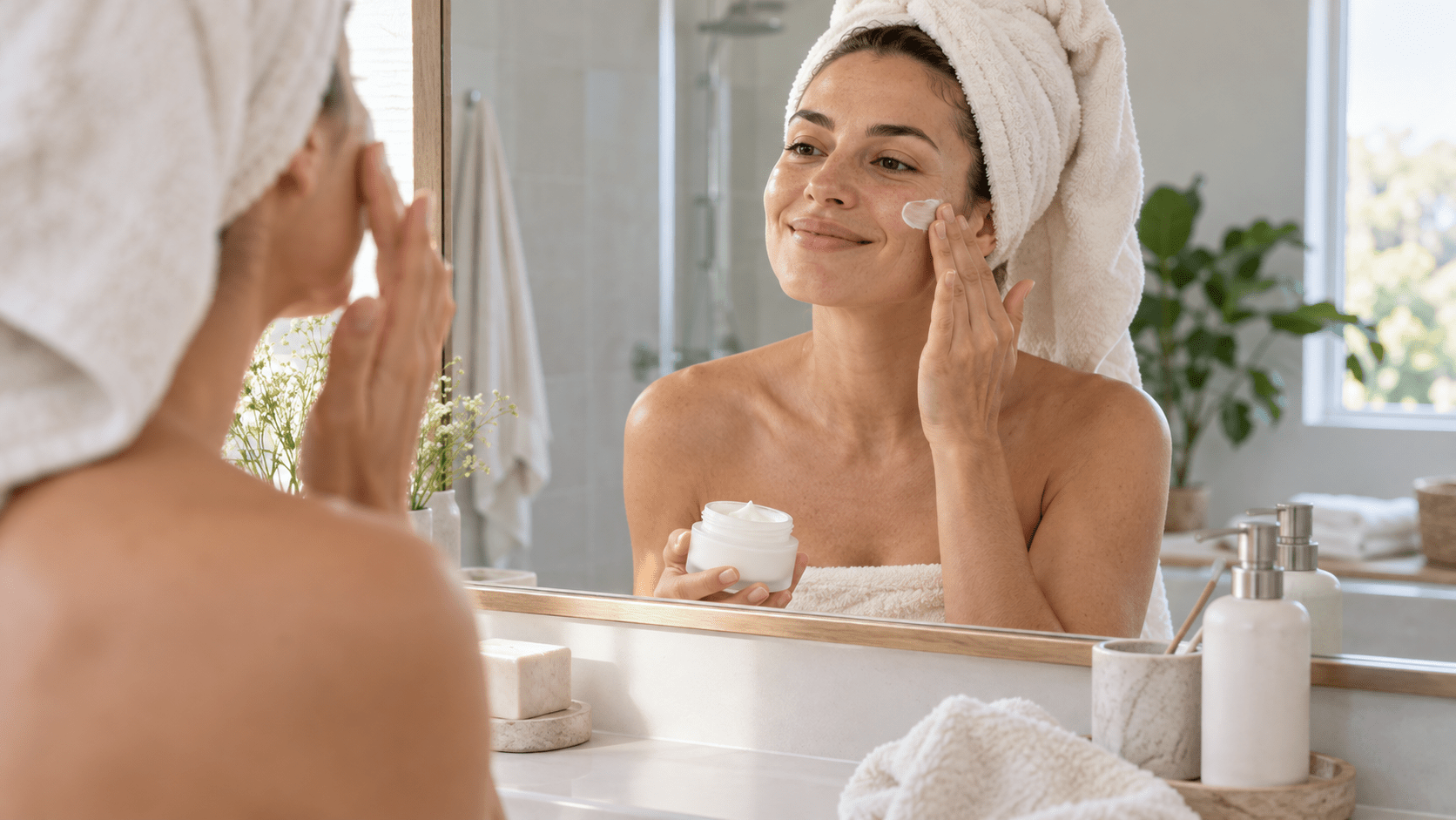 Woman applying moisturising cream to her cheek in front of a bright mirror