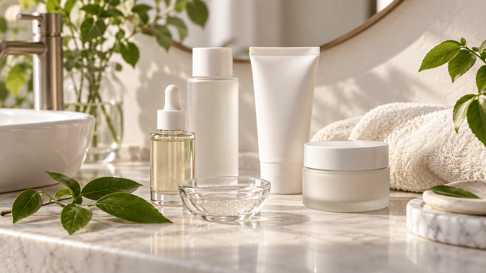 Frascos cosméticos genéricos y cuenco sobre una mesa de cuidado facial