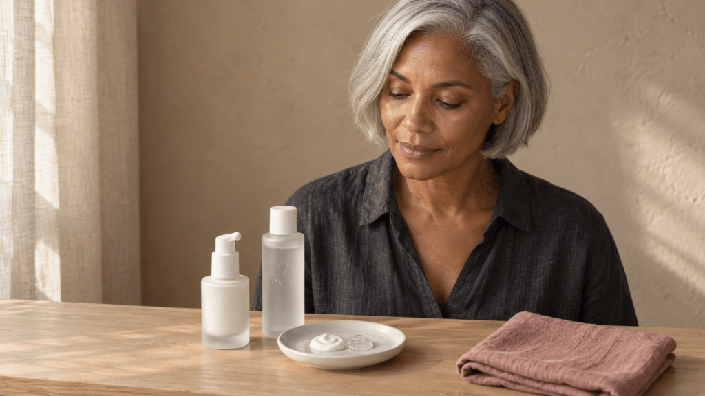 Une femme à la peau brune chaude, aux cheveux gris coupés court, porte une chemise anthracite et regarde la table, la bouche fermée. Ses mains sont hors cadre. Sur le bois clair, un petit flacon mat, opaque et blanc, avec une pompe blanche, est posé à côté d'un flacon plus haut, lui aussi mat, fermé par un bouchon blanc et rempli d'un gel transparent où l'on voit de fines bulles. Devant, une coupelle en céramique claire : une noisette de crème blanche touche une noisette de gel transparent. À droite, un linge plié rose poussière. À gauche, un rideau beige clair, un mur beige et une lumière qui vient de côté. Aucun des deux flacons n'a d'étiquette.