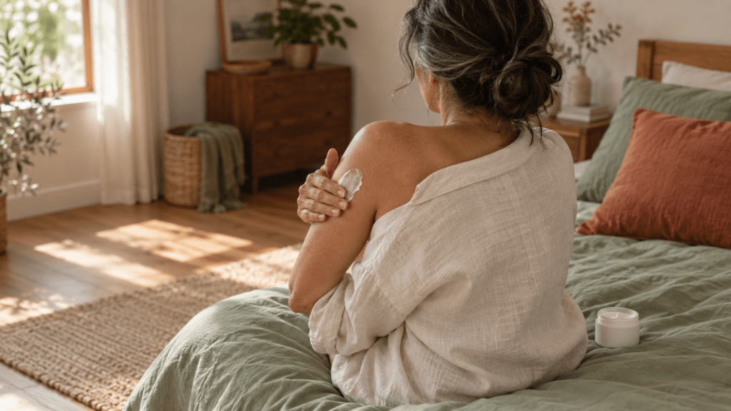 Una mujer vista de espaldas, con el pelo oscuro entreverado de canas, está sentada en una cama y extiende una crema blanca sobre la parte alta del brazo, con un tarro blanco sin etiqueta sobre el edredón verde salvia.