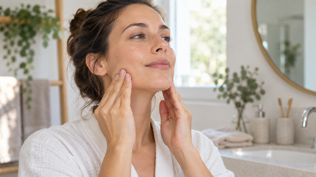 Personne réalisant un massage doux du visage avec les mains propres