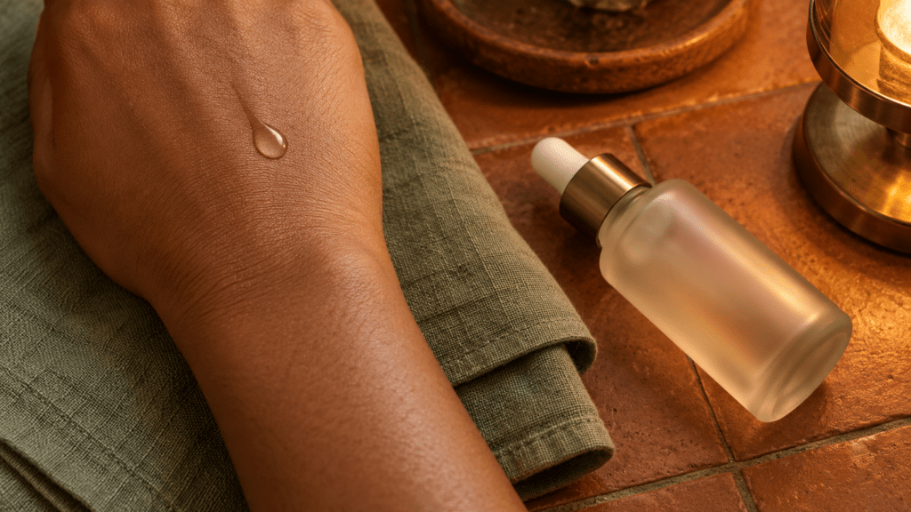The back of a hand with warm brown skin rests on folded sage linen, and a clear drop of serum sits on the skin. A long frosted bottle with a white dropper and a gold collar lies on the terracotta tiles, near a lit brass lamp.