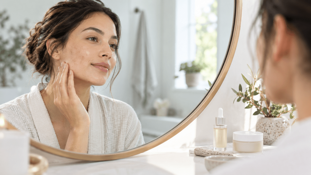 Viso adulto con lievi segni post-acne e cosmetici neutri in un bagno luminoso