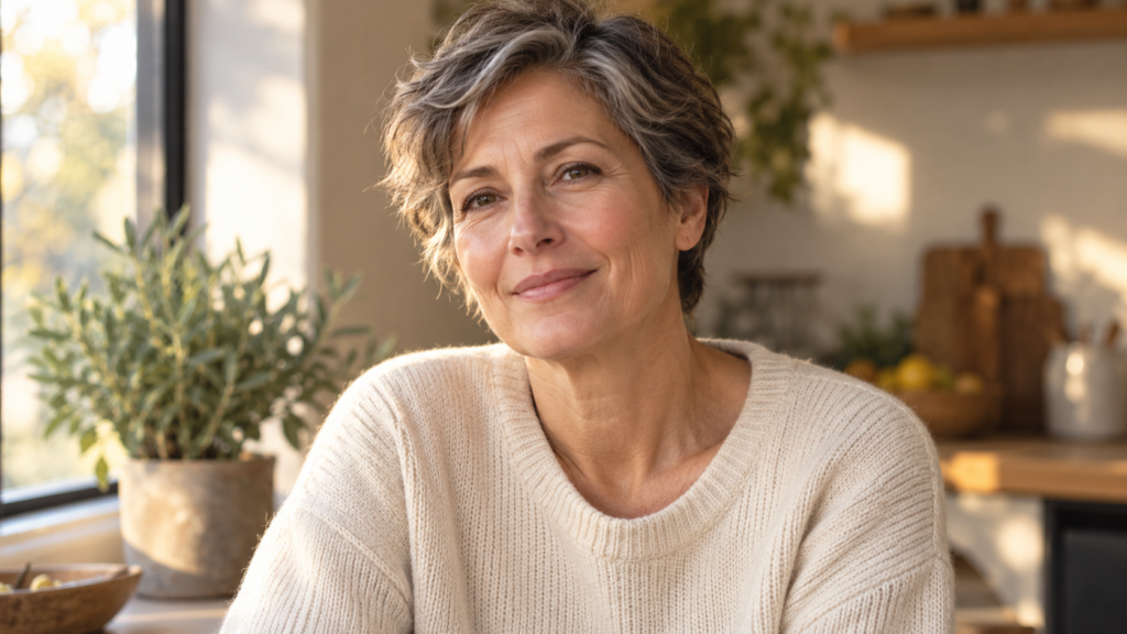 Femme d’une cinquantaine d’années, cheveux poivre et sel, sourire naturel près d’une fenêtre de cuisine