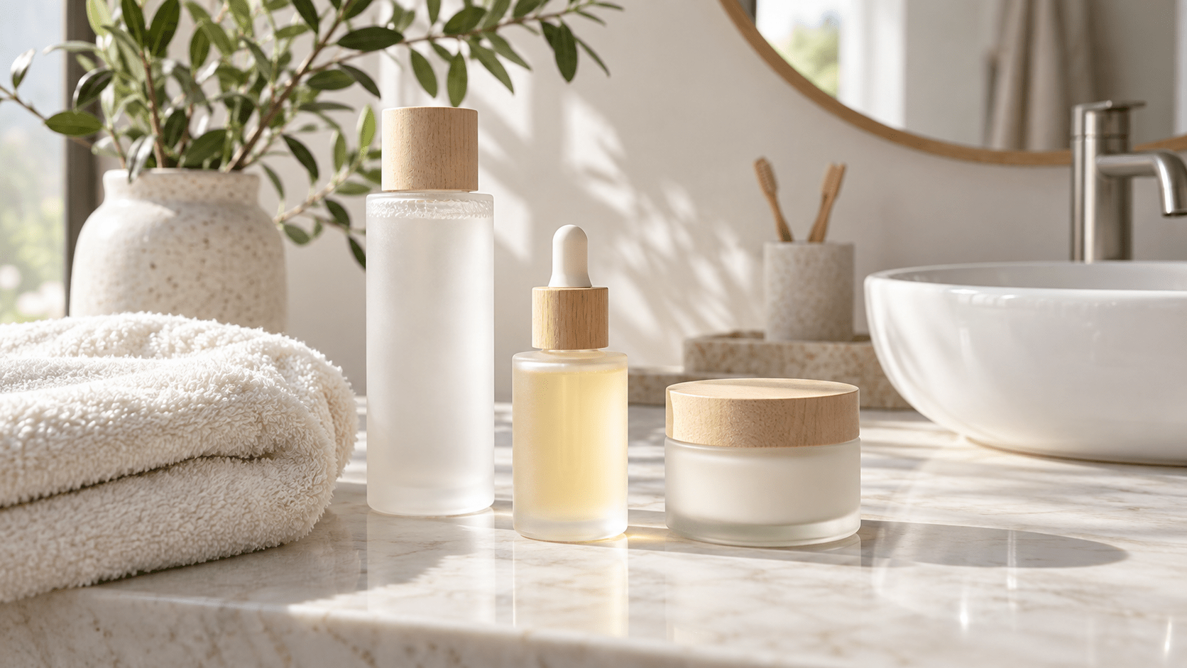 Unbranded skincare arranged for a facial routine adapted to different acne types