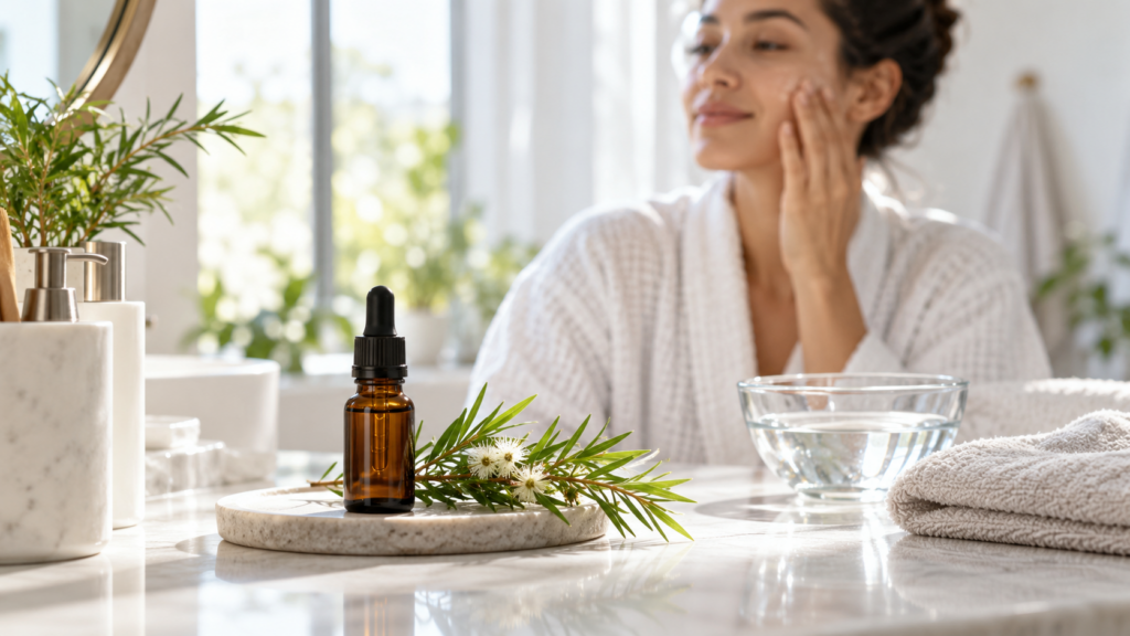 Pessoa a usar óleo essencial de tea tree na rotina de cuidados da pele