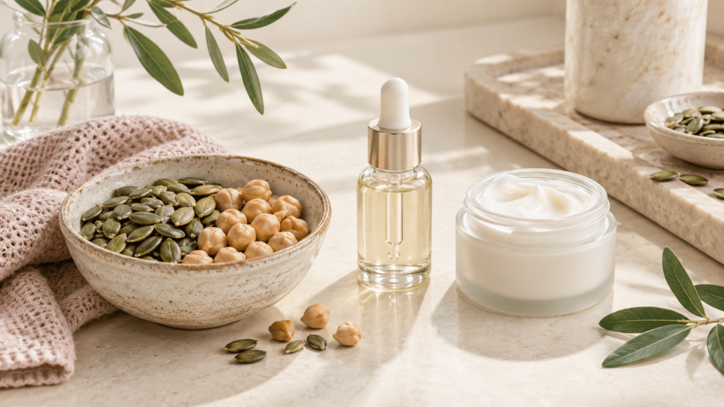 Pipas de calabaza, garbanzos y cosméticos sin marca sobre zinc e imperfecciones