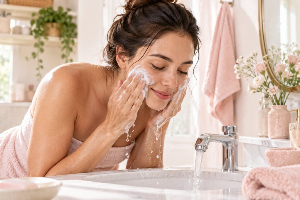 In un bagno luminoso, una persona applica una texture cremosa sulla guancia, accanto a un lavabo e a un asciugamano pulito.