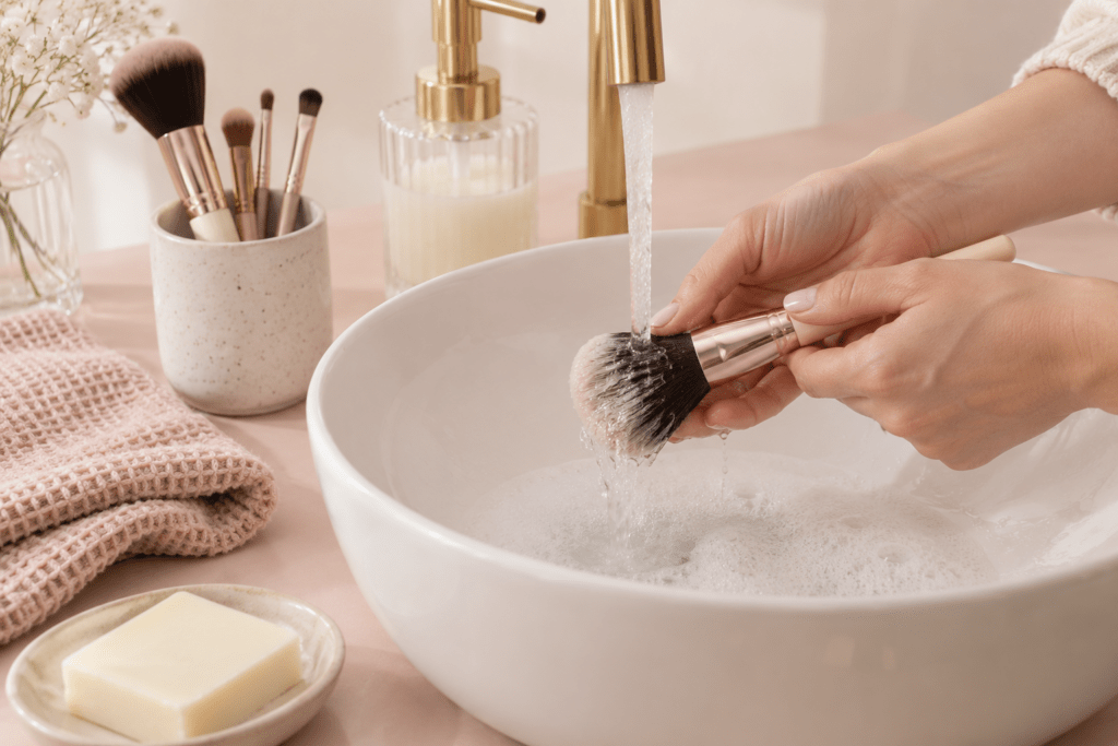 Hände reinigen die Haare eines Make-up-Pinsels über einem Waschbecken. Daneben liegt ein sauberes Handtuch.
