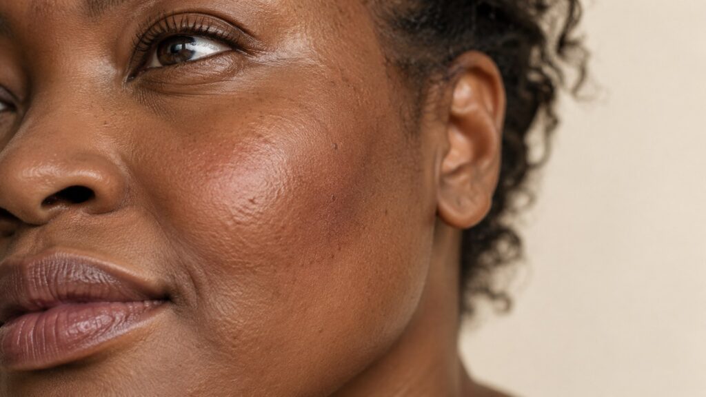 Gros plan d’une joue d’adulte à la peau foncée, aux pores visibles, sur un fond crème et sous une lumière latérale diffuse.