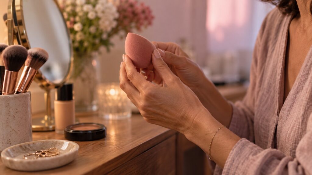 Close-up of hands with a medium skin tone holding a makeup sponge above a wooden dressing table in pink light