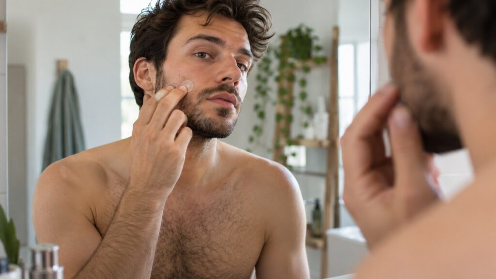 Geste de soin près d’une zone de barbe, avec un patch tenu à proximité de la peau, sans texte ni logo.