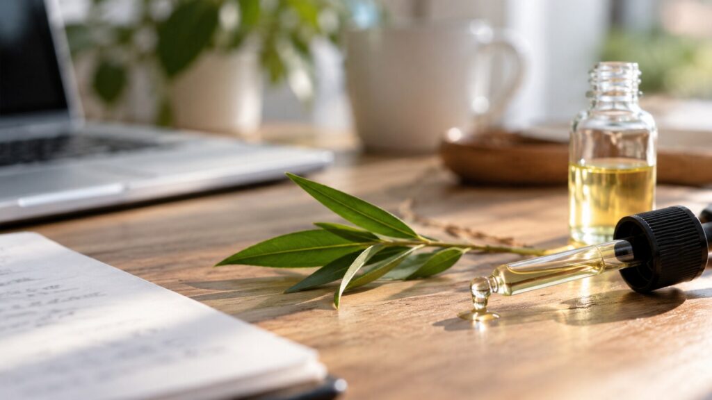 Desk with a blurred INCI list, a tea tree leaf and a glass dropper in daylight