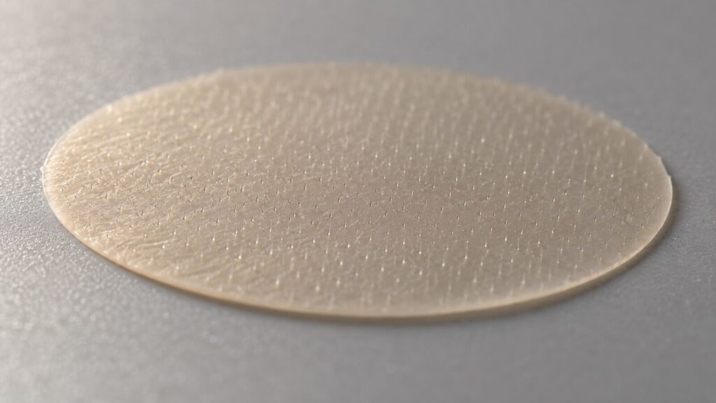 Macro di una pastiglia flessibile con micropunti molto fini su sfondo grigio perla, illuminata da una luce radente