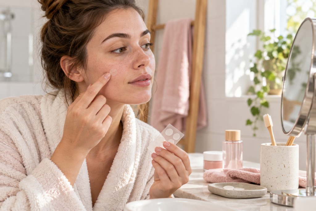 Woman looking at a white-tipped pimple in a mirror while holding a transparent patch