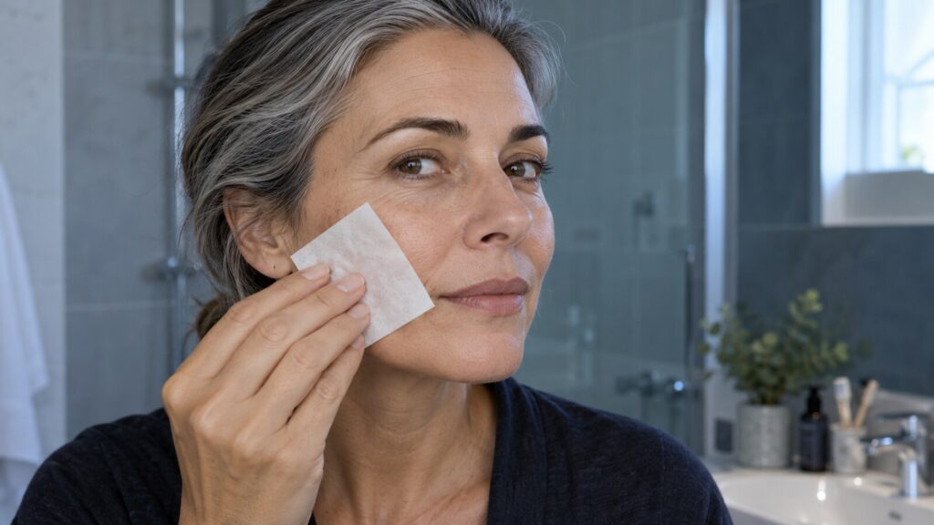 Fronte di una persona di circa 50 anni con capelli brizzolati, carta opacizzante accanto e luce blu-grigia da bagno