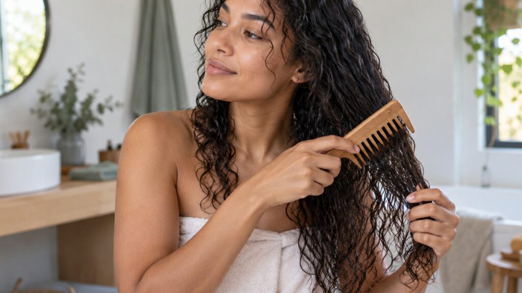 Photographie éditoriale d’un geste de soin des cheveux avec un peigne à dents larges, sans texte ni logo.