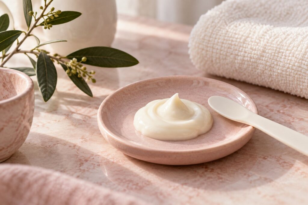 Uma pequena quantidade de creme marfim numa taça cor-de-rosa, com uma espátula e uma toalha num cenário botânico.