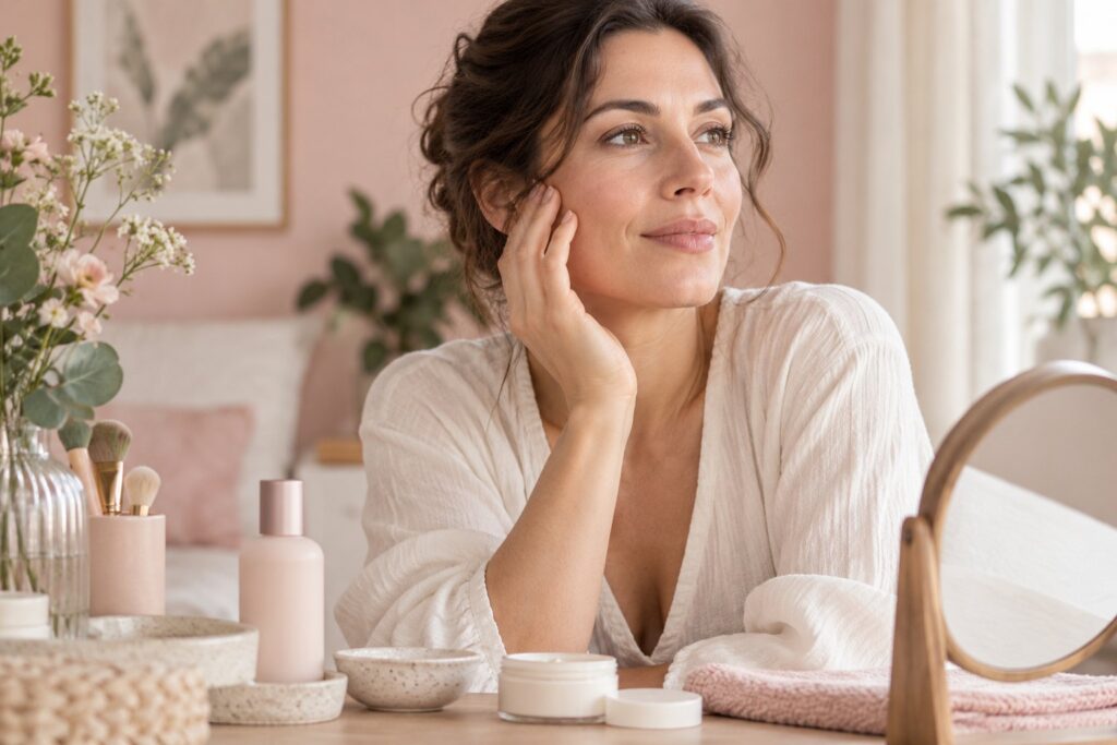 Une femme tourne légèrement le visage vers la lumière, avec des pores naturellement visibles sur les joues.