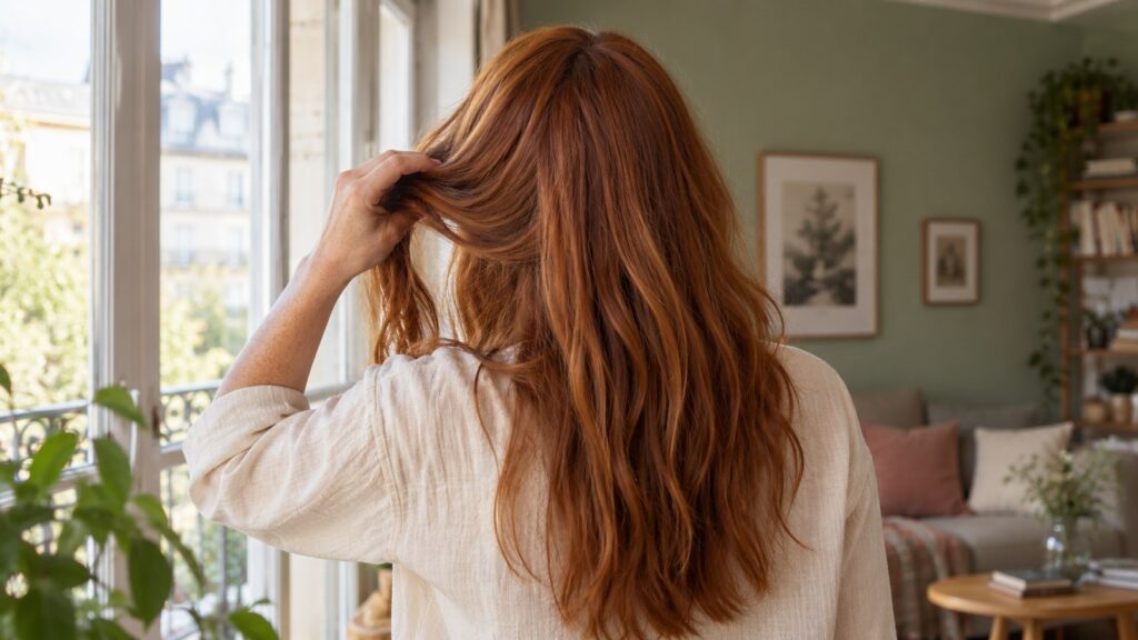 Femme rousse aux cheveux longs vue de dos près d’une fenêtre dans un salon vert sauge.