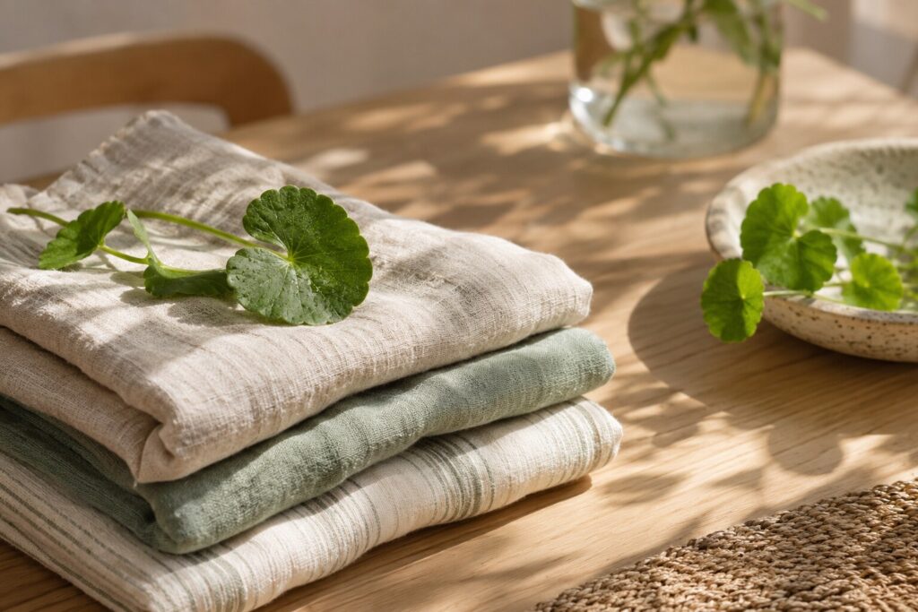 Linge en coton et feuille d'hydrogel sur une table en bois clair, lumière douce, sans visage ni lame.