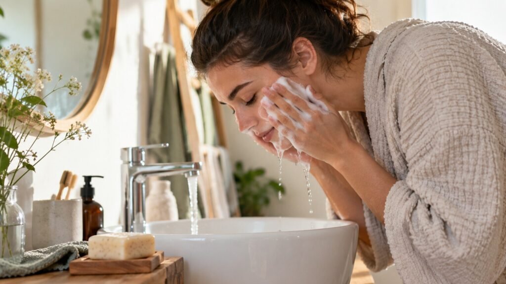 Geste de nettoyage du visage avec un produit de soin, sans texte ni logo.