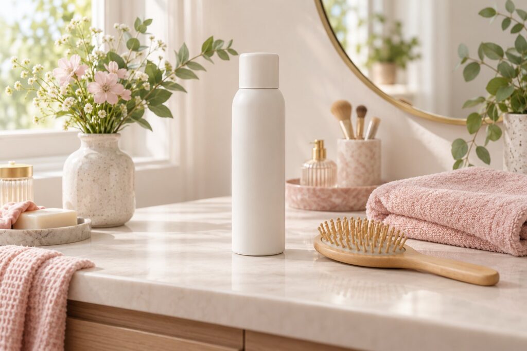An unlabelled aerosol bottle held beside a wooden brush and a pink towel on a dressing table.