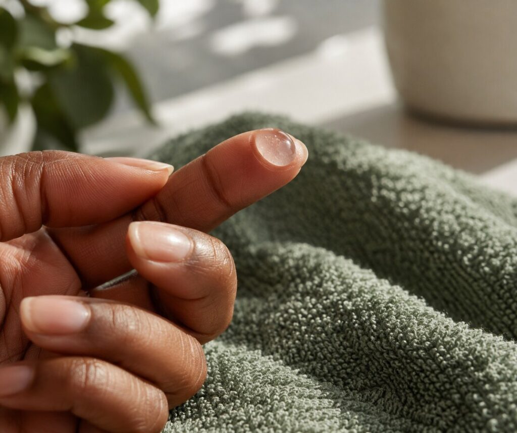 Petite quantité de gel translucide sur le bout des doigts, serviette vert sauge, sans visage ni flacon.
