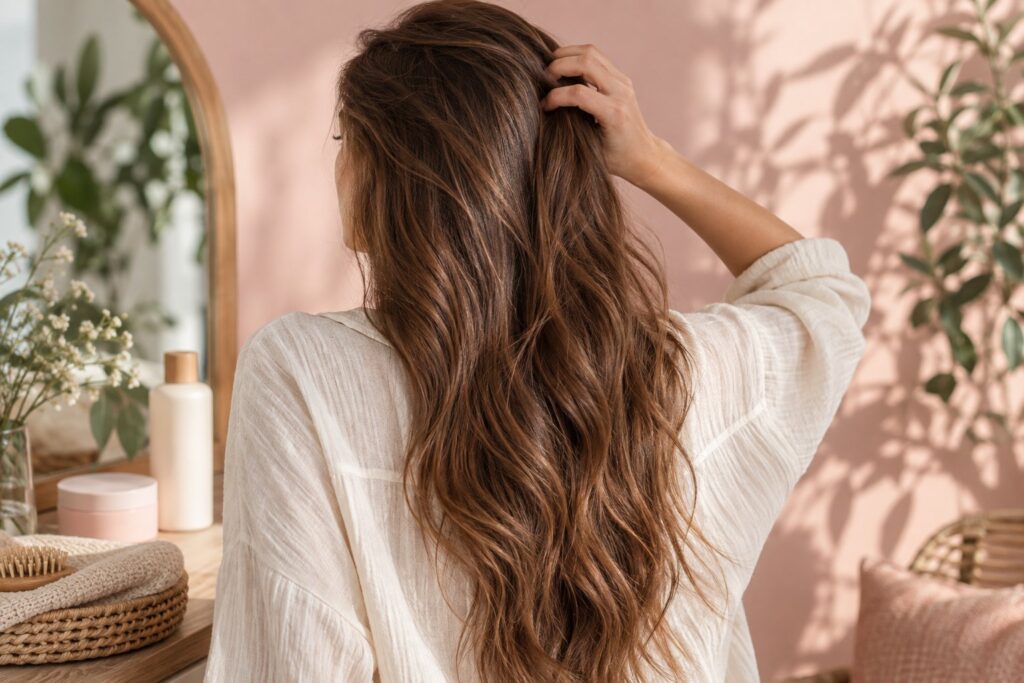 Une chevelure brune est visible des racines aux pointes sur une chemise ivoire, dans une lumière douce.