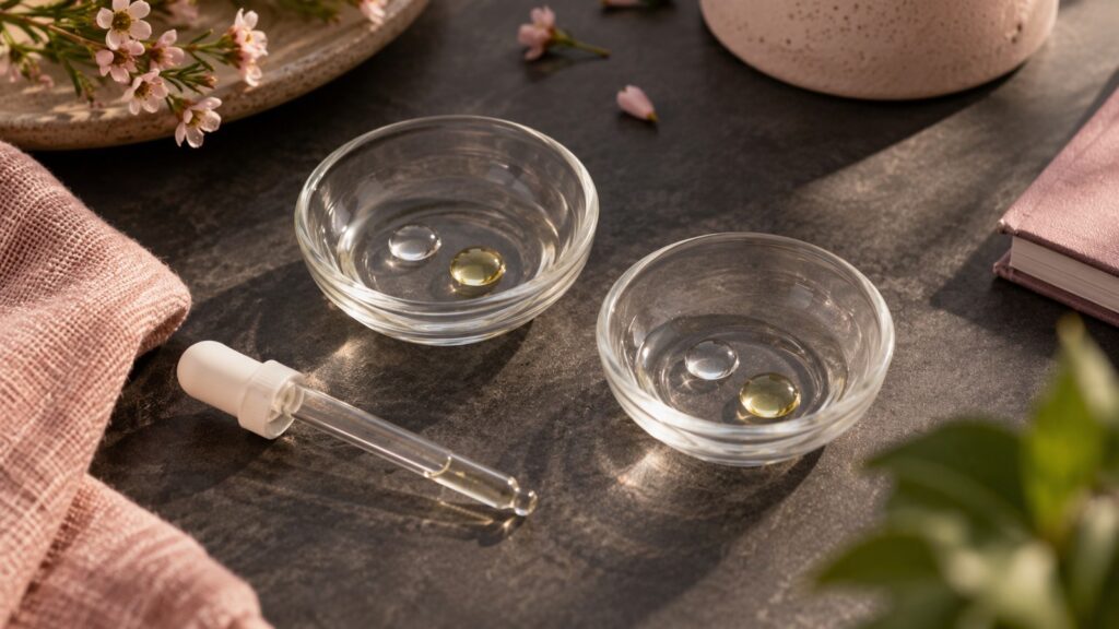 Sur un bureau sombre, deux petites coupelles contiennent chacune une goutte transparente et une goutte jaune pâle. Une pipette est posée à côté.